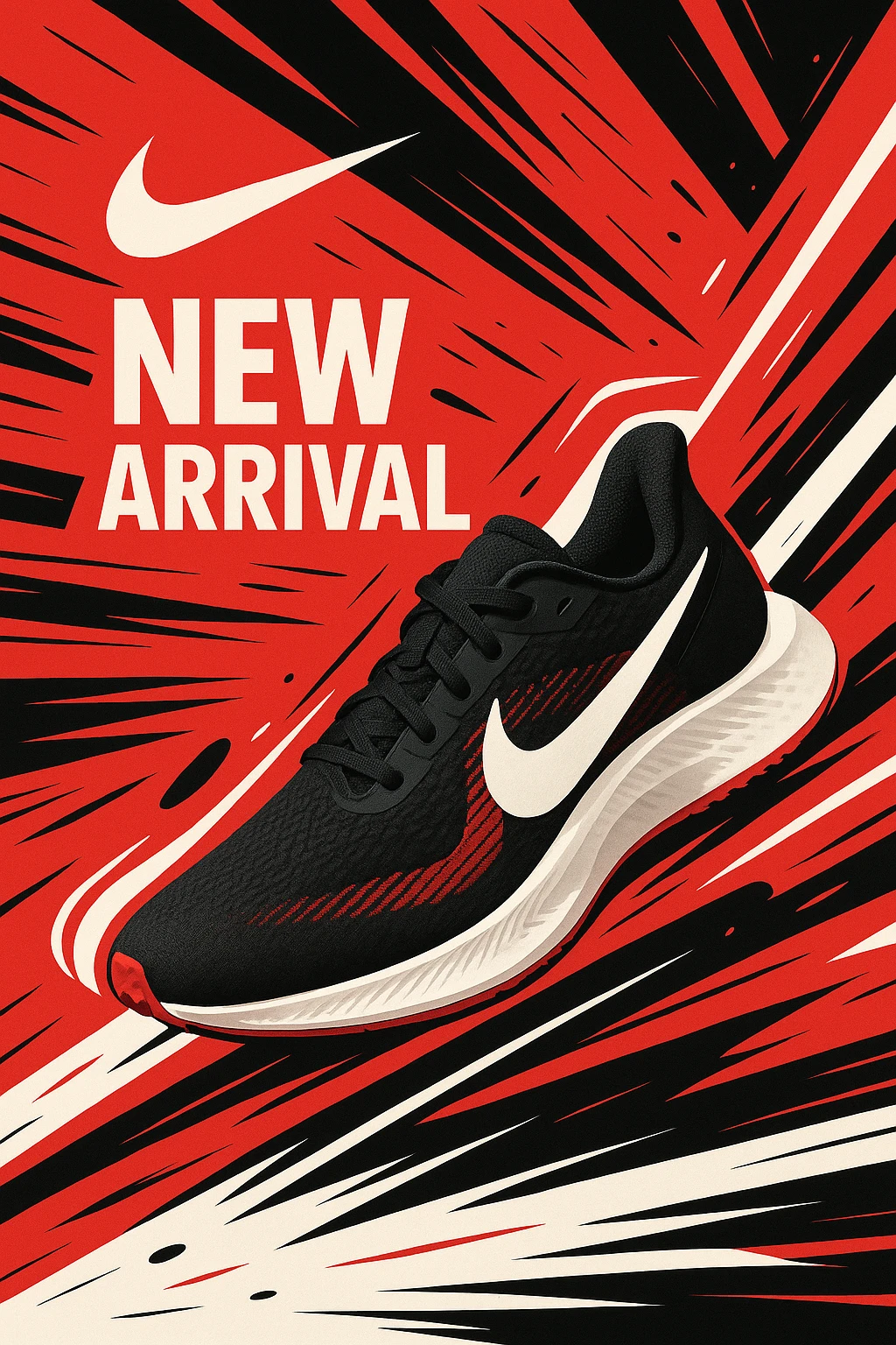 modern poster design featuring Nike's new arrival shoes, Nike logo prominently displayed, sleek and energetic style, bold colors, dynamic layout emoji