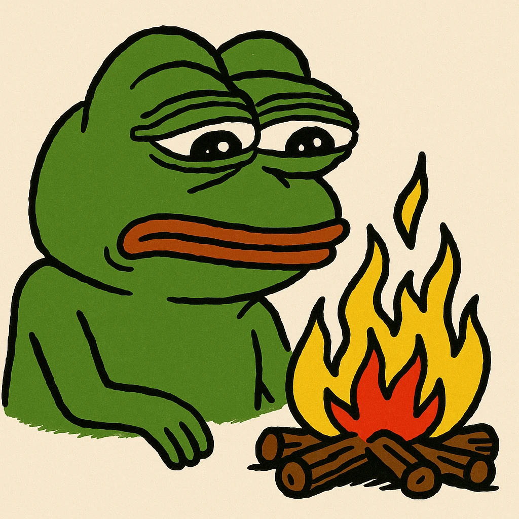 realistic 3D style Pepe the Frog sitting by a campfire, looking sad emoji