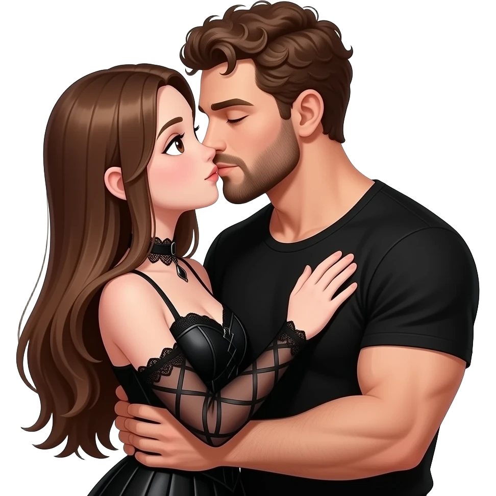 realistic sexy pale skin long straight brown hair girl brown eyes long face wearing gothic dress HD and her muscular man wearing black clothes short brown curly hair and beard hugging and kissing emoji