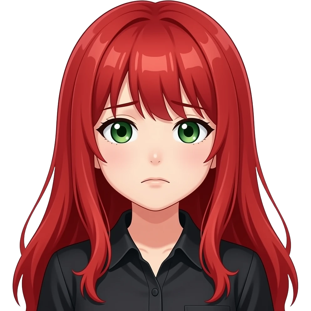 anime girl sad expression long red hair green eyes black shirt emoji