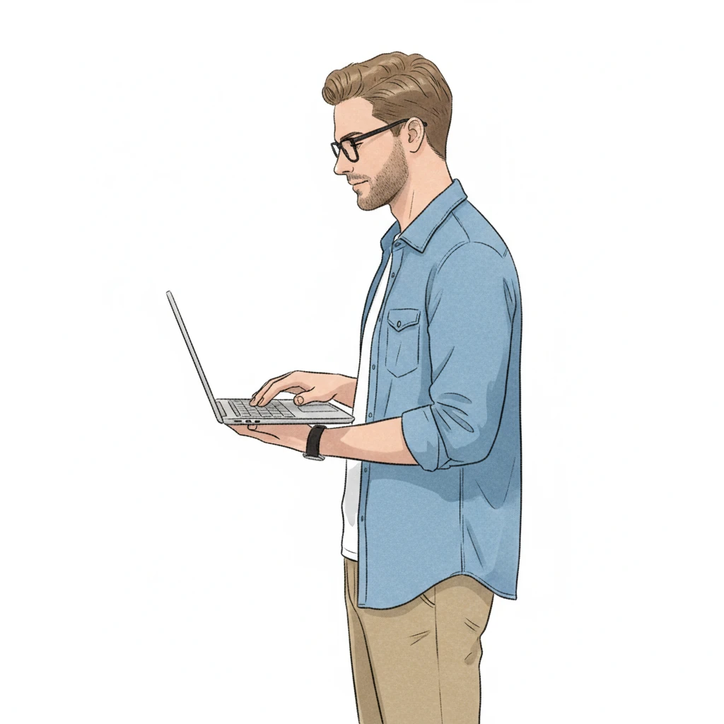 нарисуй похожего мужчину строго в профиль, который держит в руках ноутбук, как на картинке, но мужчина стоит в полный рост,  в стиле, как на картинке мужчина рабочий, без фона emoji
