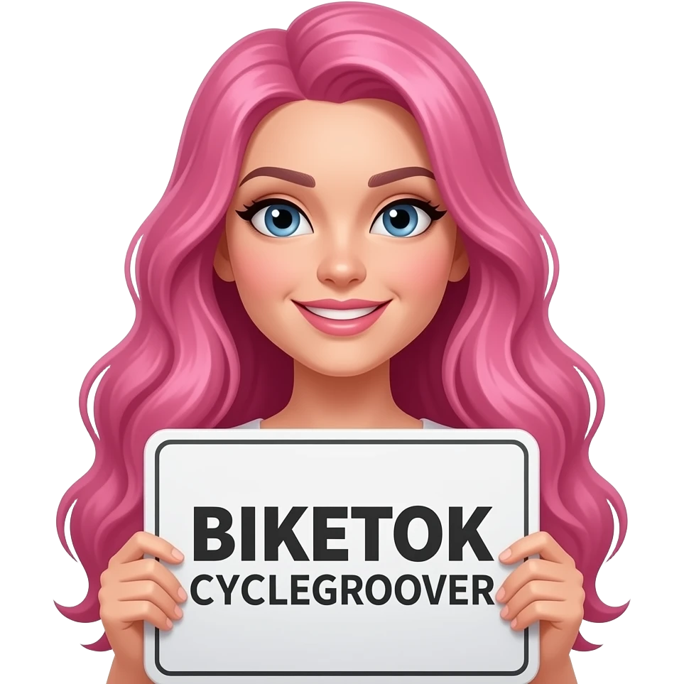 sexy girl with long pink hair holding a BIKETOK CYCLEGROOVER sign emoji