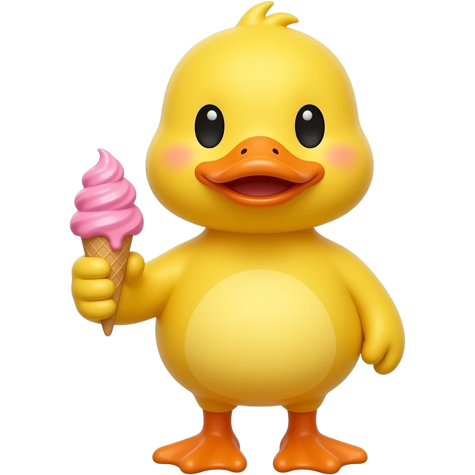yellow duck standing pose front view hold pink  color ice cream in one hand emoji