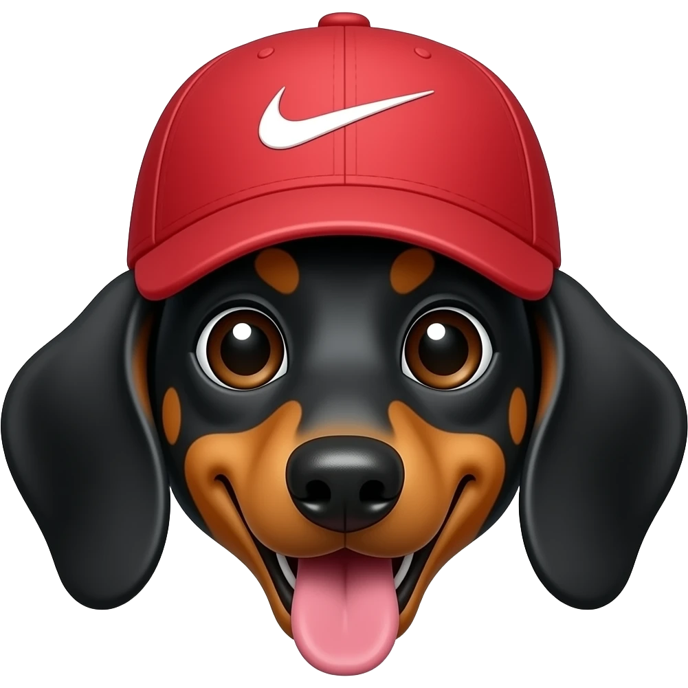 Cara de perro salchicha alegre con lengua afuera y gorra Nike roja emoji
