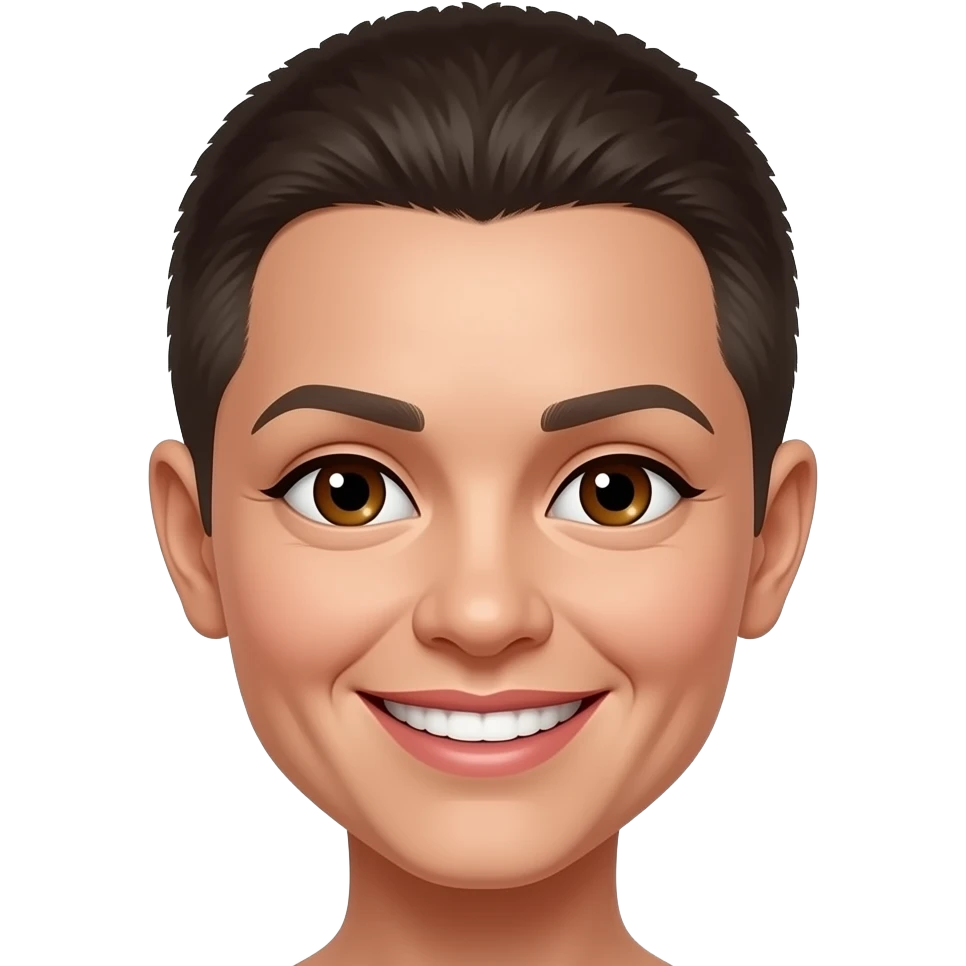 late 30's female with very short cropped hair, brown eyes, nice smile emoji