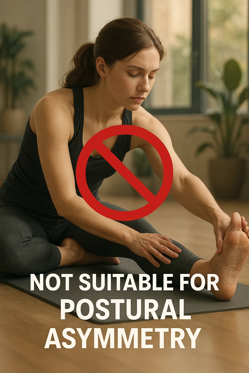 cinematic vertical illustration of woman performing classic postural stretching routine on mat, bold red prohibition sign and text overlay reading 'Not suitable for postural asymmetry', softly lit modern exercise room background with large windows and plants, gentle lighting, informative cautionary mood emoji