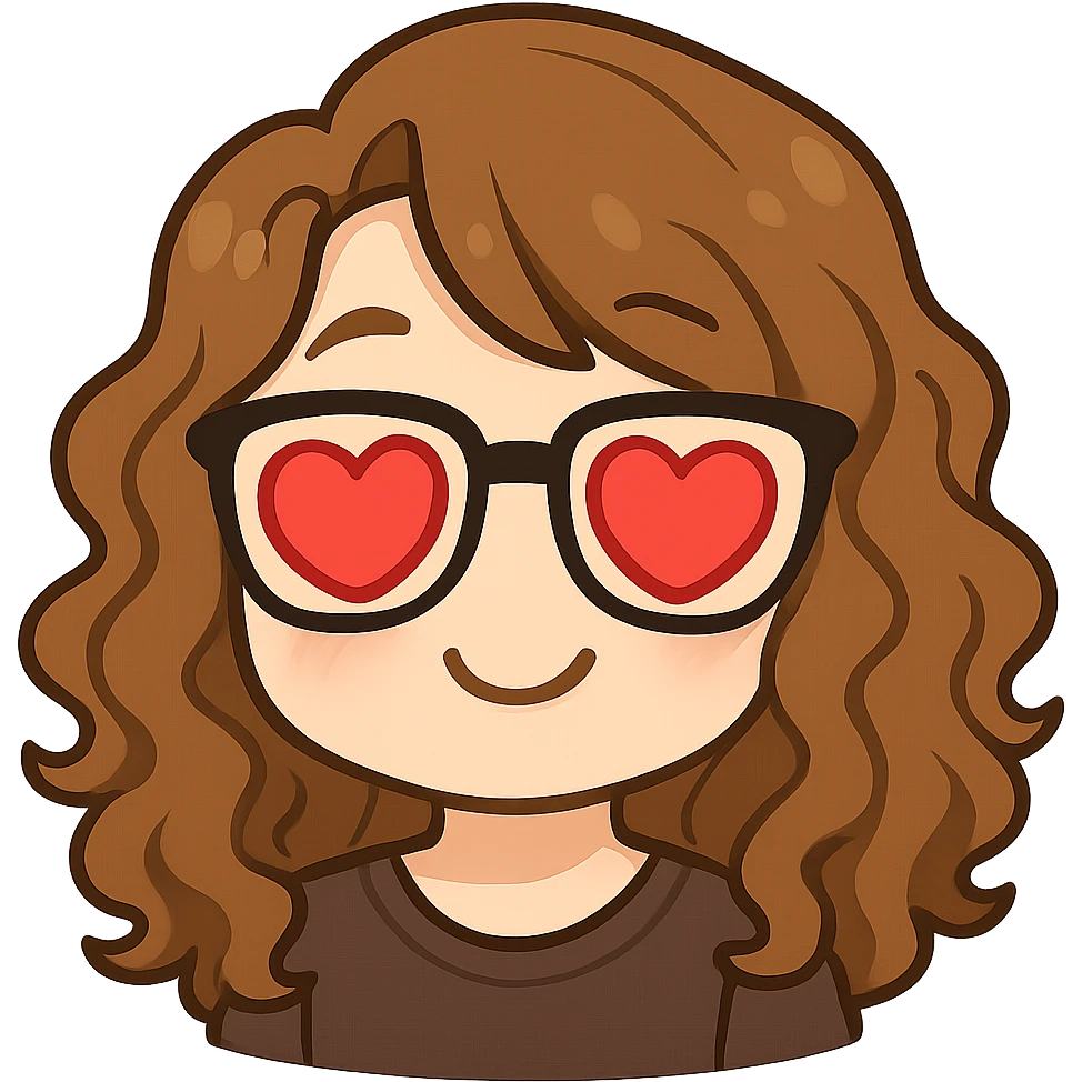 Create a chibi sticker emoji of this person with glasses and curly hair, heart eyes expression, in Twitch emote style, with a transparent background. emoji