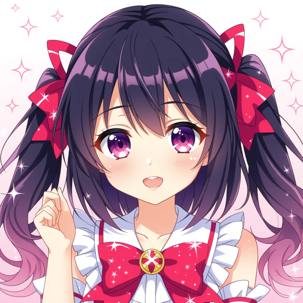 anime bow, sparkling, pink and red, big eyes, cute expression emoji
