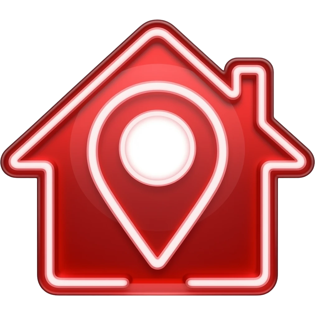 ícone casa e simbolo de localizaçãovermelho scarlat vidro neon brilhante emoji