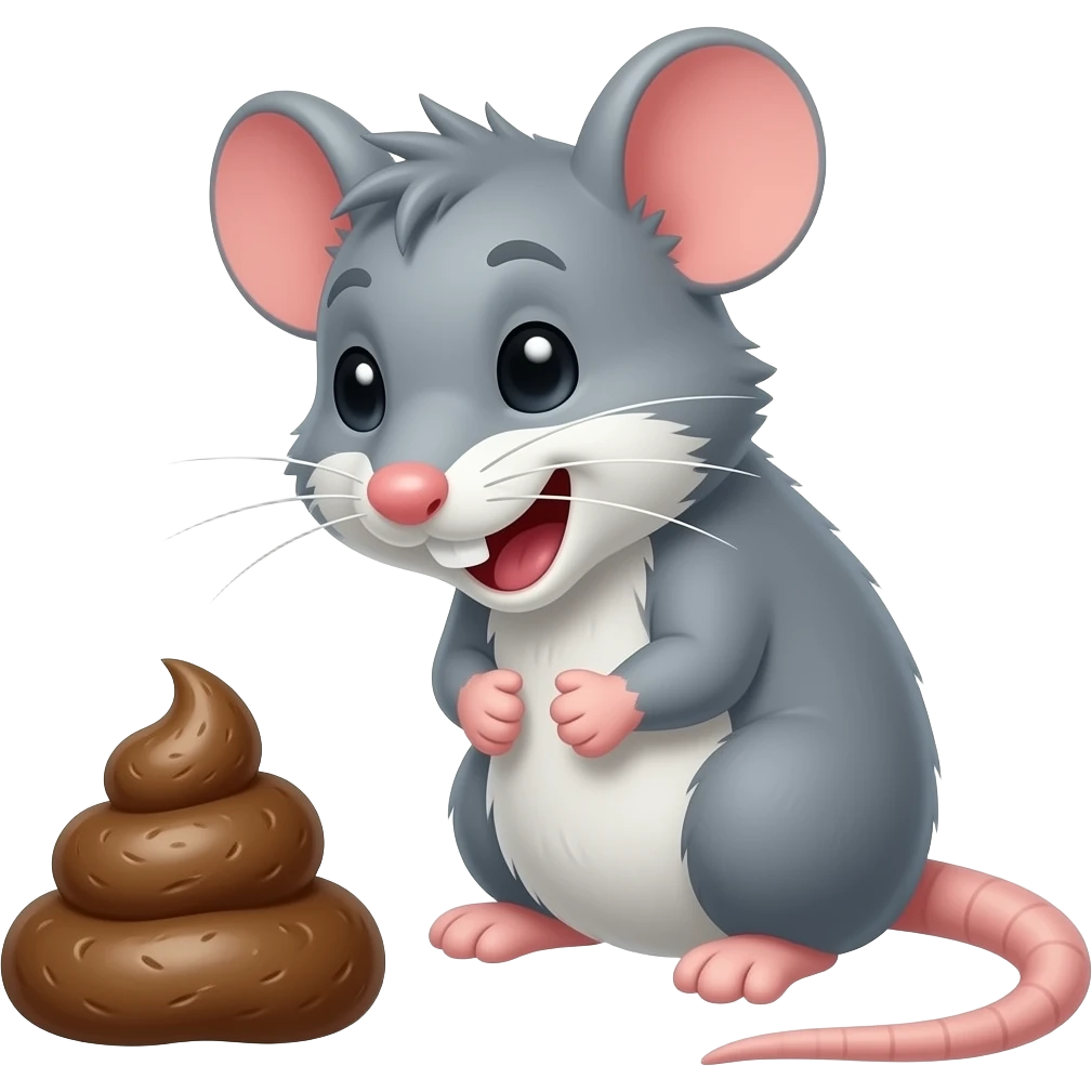 A rat looking at a piece of poop, with delighted face that looks goofy emoji