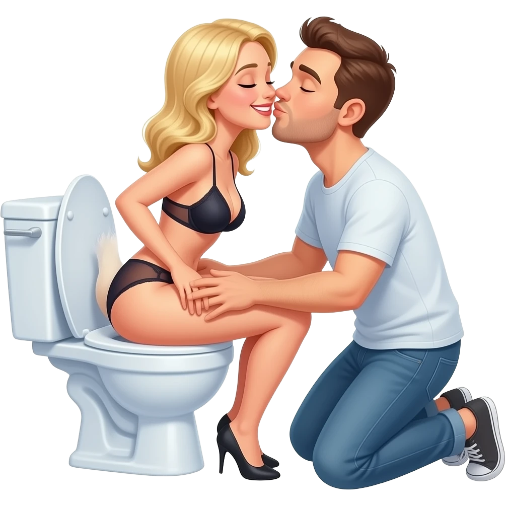 White blonde woman in lingerie sits backwards on open toilet spreading her butt cheeks open while man kneels behind her kissing her butt. Eyes closed smiling emoji