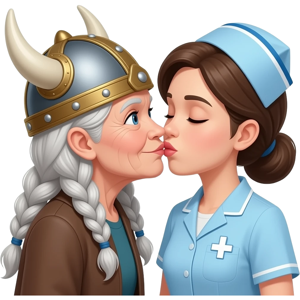 Viking hat silver braids old woman kissing old nurse brunettey emoji