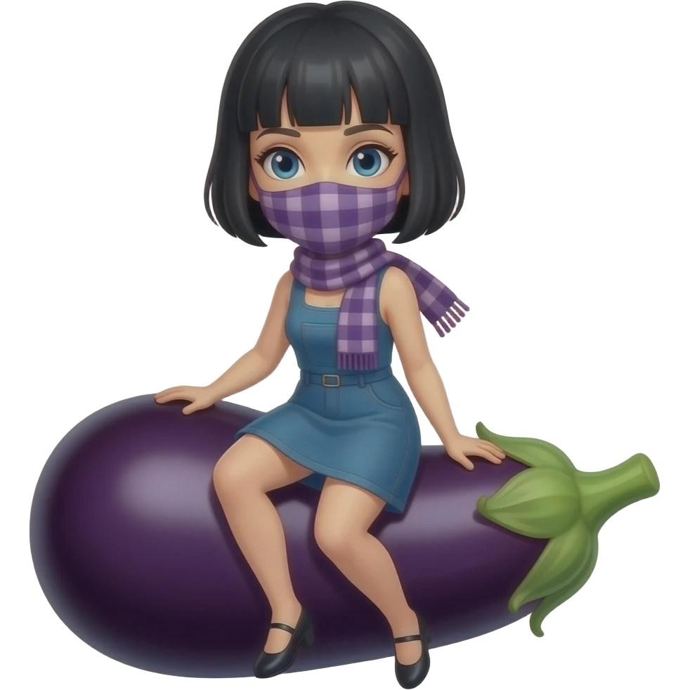 White woman black bob haircut straddling an aubergine with cteam around her mouth and chinher mouth emoji
