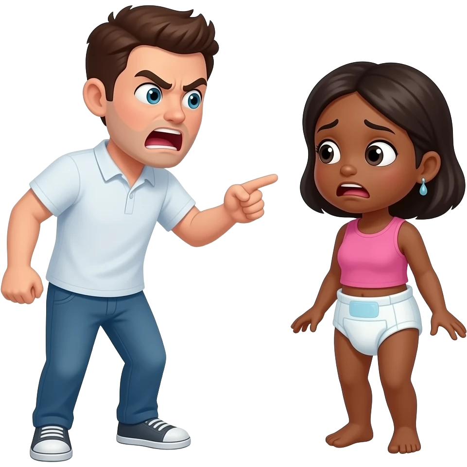 White guy yelling at a black woman while wearing a diaper. White guy is very angry and pointing. Black girl is very submissive and scared emoji