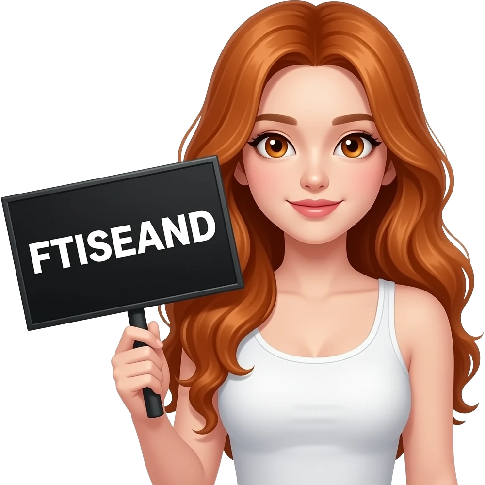 sexy girl with long wavy ginger hair and ginger eyes wearing a white tanktop is holding a black colored sign with FTISLAND written on it emoji
