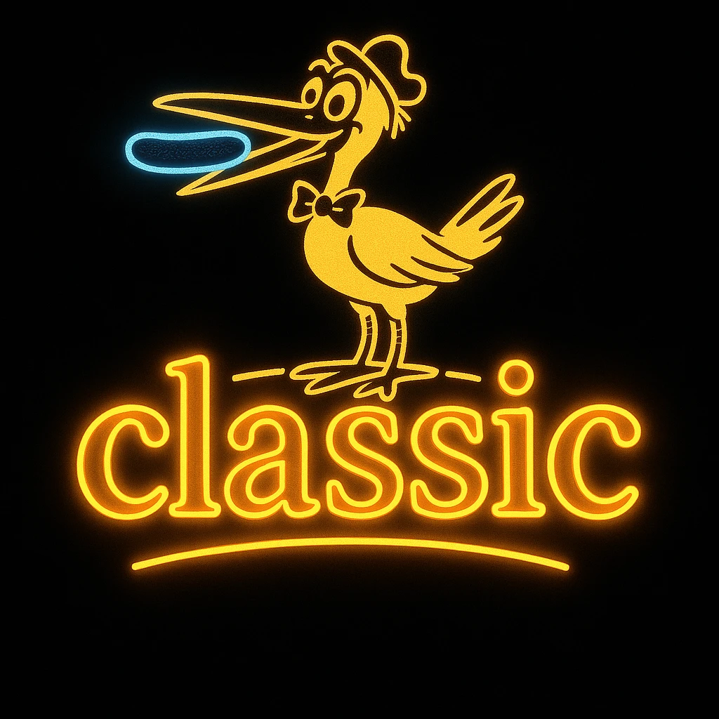 Edit the sign to change the word 'classic' to appear in a bright neon style, as if made from glowing neon tubing, while keeping the Vlasic logo look, the stork mascot, and the hand drawn doodle style. Maintain the hand drawn doodle style but emphasize the neon glow effect on the word 'classic'. emoji