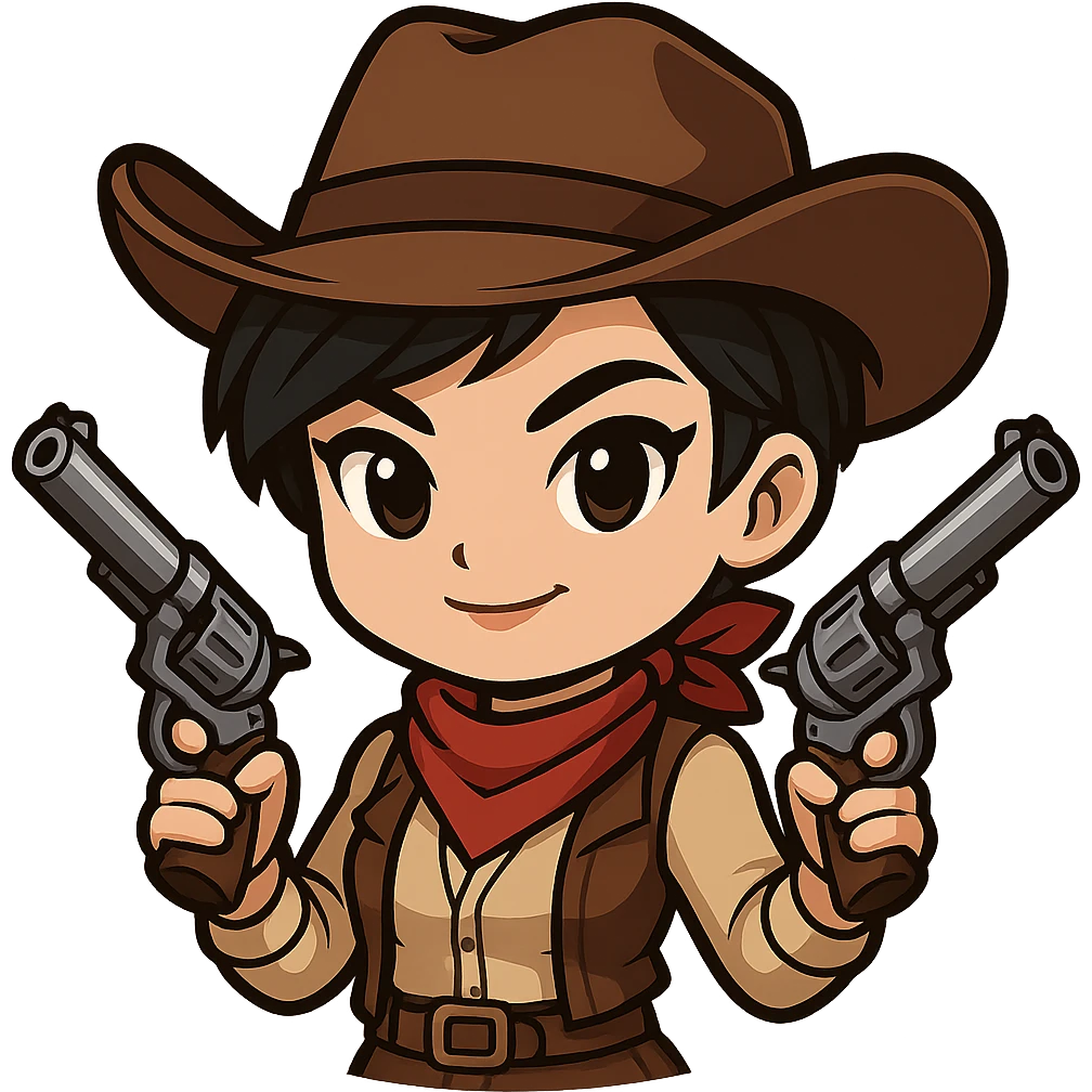 Transform the chibi ninja girl into a chibi cowgirl: add a cowboy hat, western-style outfit with a vest and bandana, replace the swords with two revolvers. Keep her short hair, confident pose, and chibi/anime style. Transparent background, sized for Twitch or Discord use. emoji