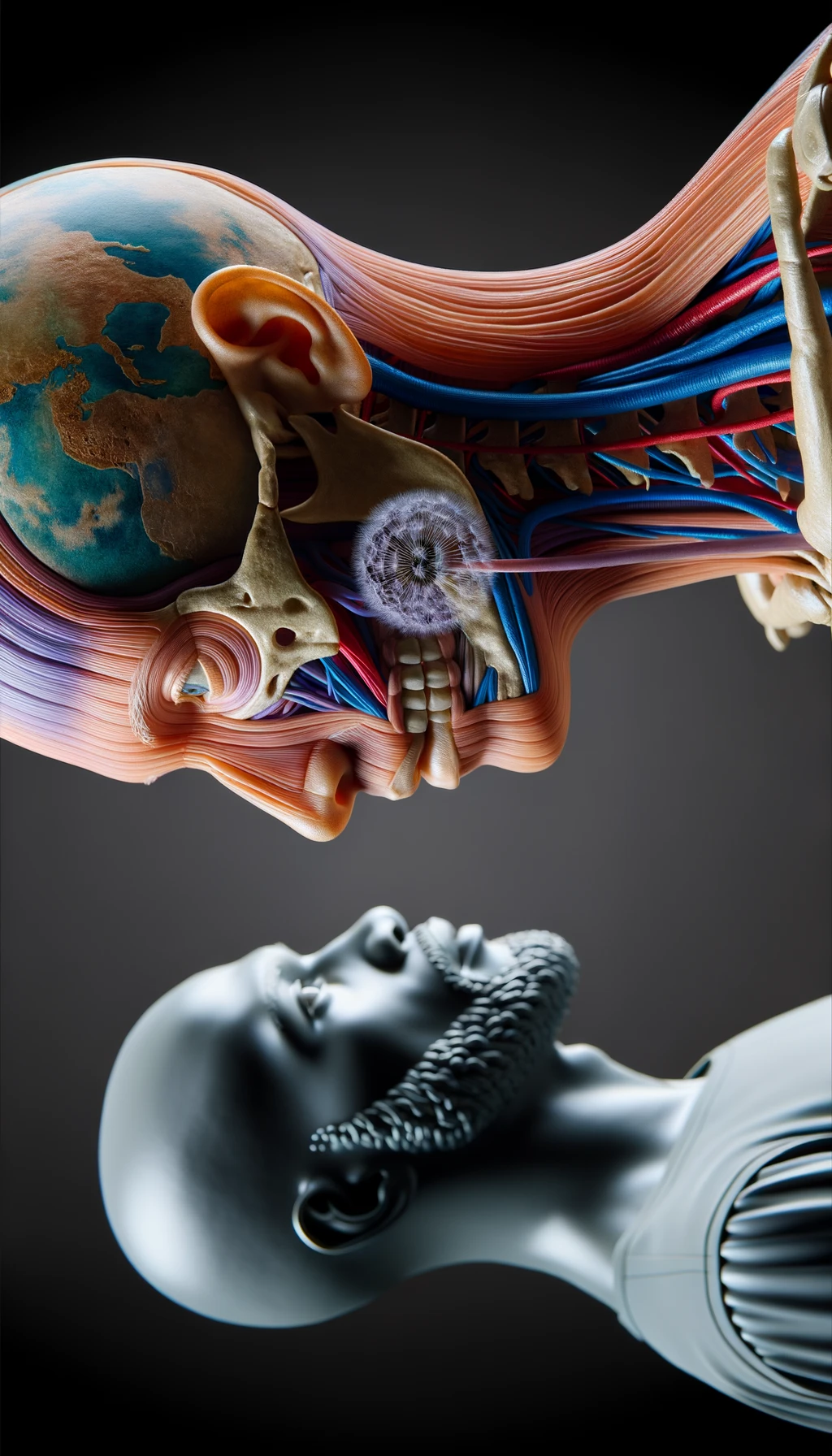 corpo umano anatomico che parla ma sopra di lui c'è il muto, un altra persona lo ascolta, immagine iperrealistica 4k emoji