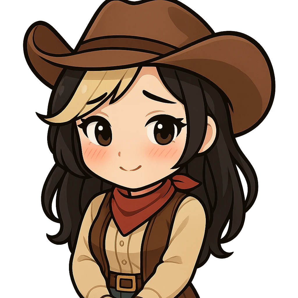 Chibi cowgirl with slightly longer hair and a blonde streak, wearing a cowboy hat and western outfit, no guns, chibi/anime style, transparent background, sized for Twitch or Discord use. Pose: hands clasped in front, shy and blushing expression. emoji