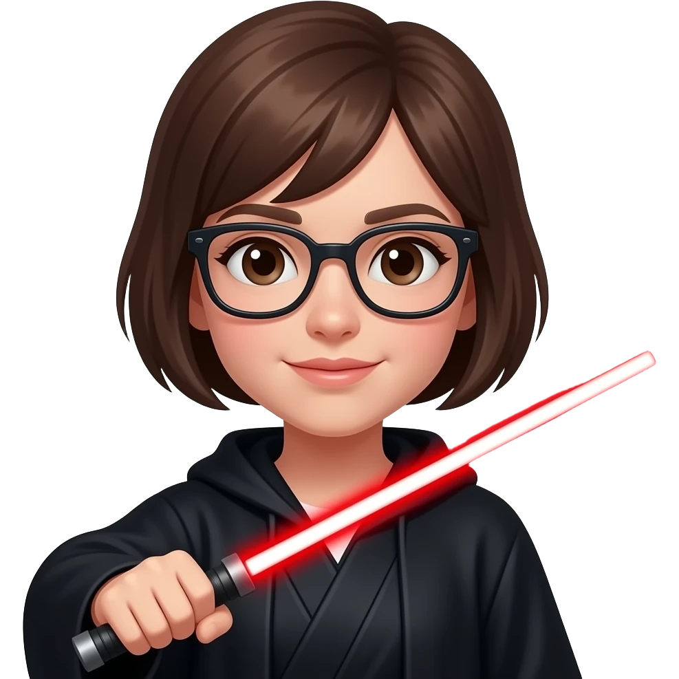 short hair brunette girl with black glasses on the dark side with red lightsaber emoji