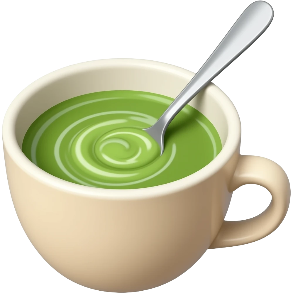 Emoji-style illustration of matcha being stirred in a cup, light beige cup with green matcha and soft foam, spoon creating a swirl, minimal, clean, soft colors. emoji