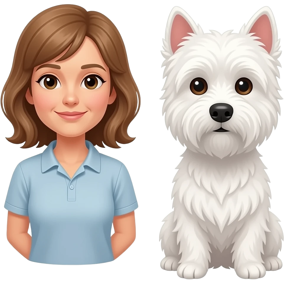 Middle age woman brown eyes , shoulder length light brown hair, with a female westie and a male westie emoji