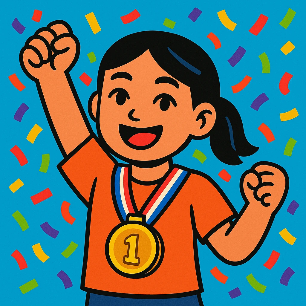 asian girl with a medal around her neck, confetti background, colorful illustration emoji