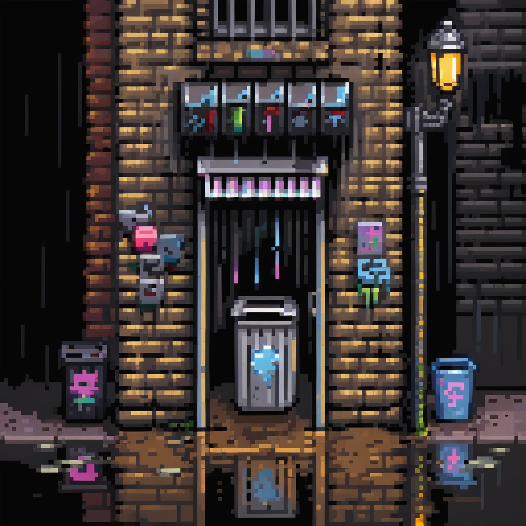 Pixel art background in side-scrolling view, inspired by classic Sega fighting games. Dark urban street in front of an old brick building, with graffiti, broken windows, metal door, trash cans, flickering neon sign, and a streetlamp. Gritty atmosphere, nighttime, subtle rain puddles on the ground. emoji