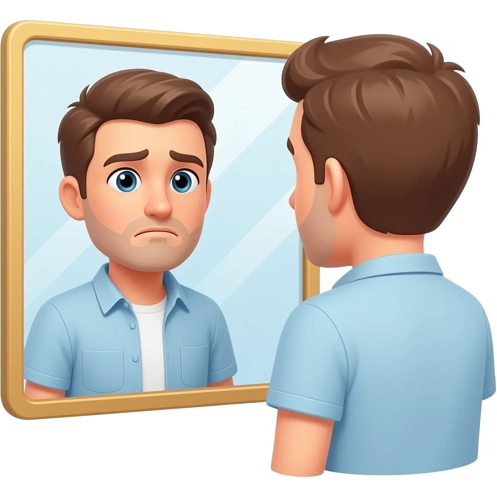 man slightly unhappy staring in mirror emoji