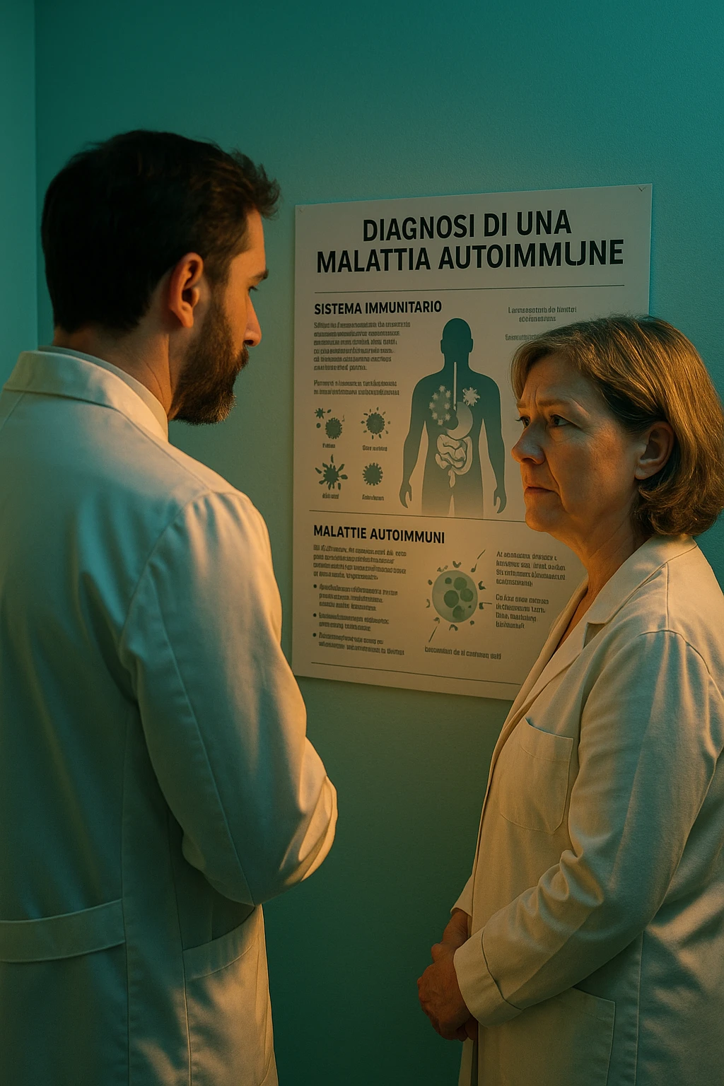 Realistic, detailed photo taken from behind of one doctor e un paziente —a bearded man and a middle-aged woman—standing and facing each other as they discuss an autoimmune disease diagnosis in front of a medical chart that displays information about the immune system and autoimmune conditions. The scene is illuminated by a yellowish, orange, warm light that softly envelops the doctors. The entire room is bathed in a single green-blue color, creating a cohesive and modern atmosphere. Both doctors wear white coats, and their body language suggests a serious, professional conversation about the complexities of autoimmune diseases. Shot with a Canon EOS R5, with high detail and natural depth of field. in italiano emoji