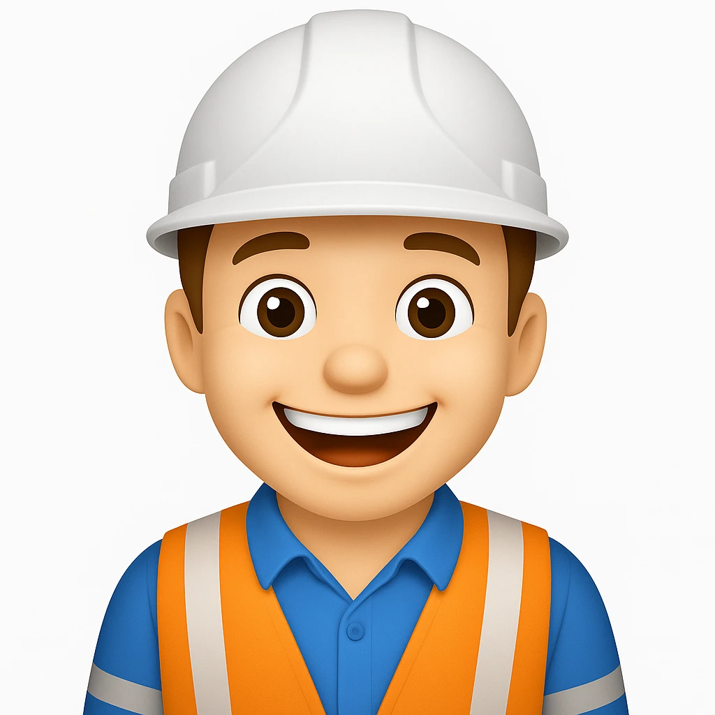 make the construction worker look happy, with a big smile, bright eyes, and cheerful posture in emoji style emoji