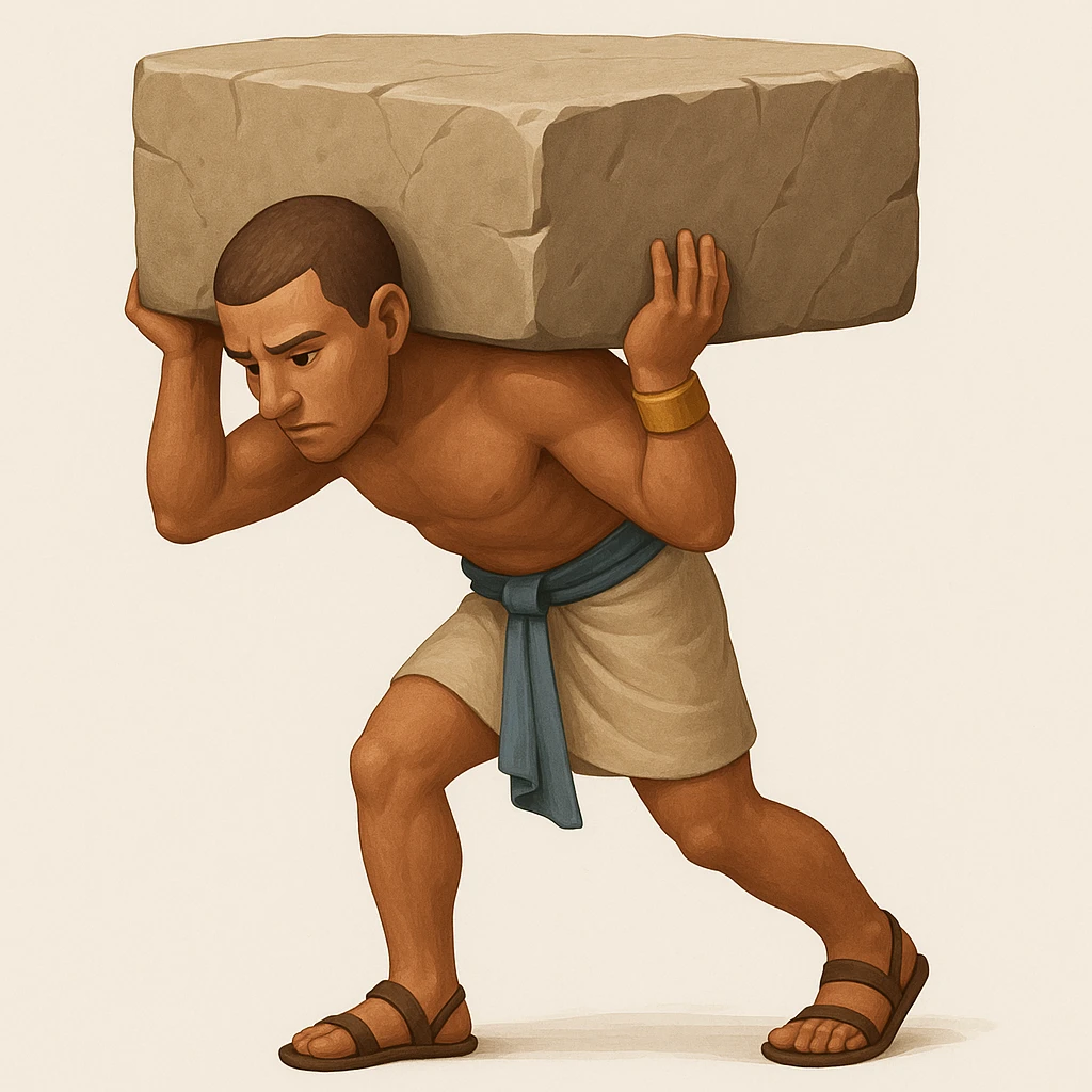 Create another fullbody ancient Egyptian worker, no fancy hat, carrying a large rock block on their back, in a realistic pose. The style should resemble emoji style with simple and concise features. emoji