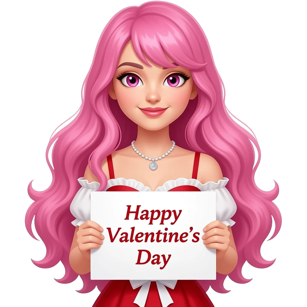 sexy girl with long pink hair and pink eyes wearing valentines dress holding a HAPPY VALENTINE'S DAY sign emoji