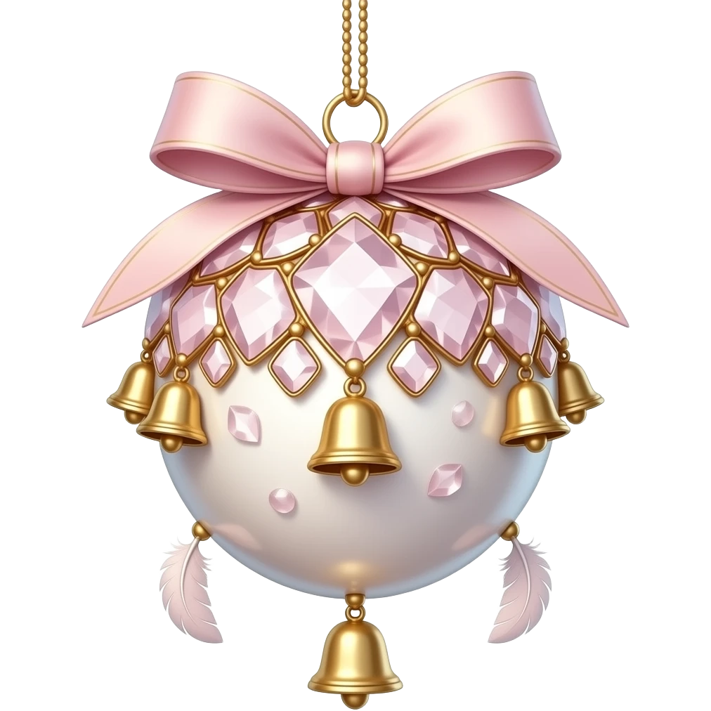 Hanging pastel Sakura-pink white gold crystals white-pearly ornament with bells and many tiny feathers emoji