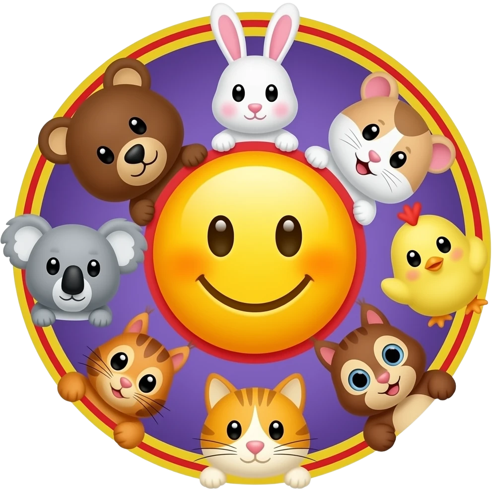 emoji yellow smiley in the center,serounded in a circle  with 🐻🐰🐹🐨🐥🐿 🐈 yellow and purple background with red circle line emoji
