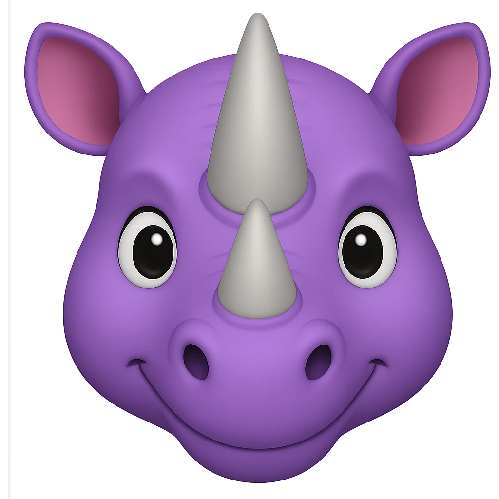 Add two big, normal grey rhino horns to the face, keeping the purple rhino emoji style, no background. The style should resemble the purple rhino emoji style with no background. emoji