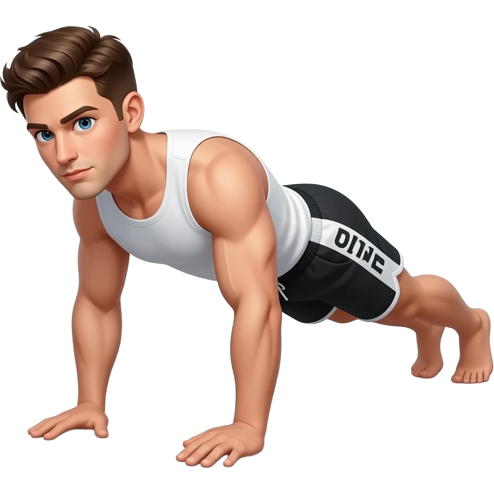 guy with brown hair with white white and black shorts that say "UPP" in white on the side forearms / !!!elbows touching the ground!!). Forearms on the ground not in air and legs straight out as if in plank position emoji