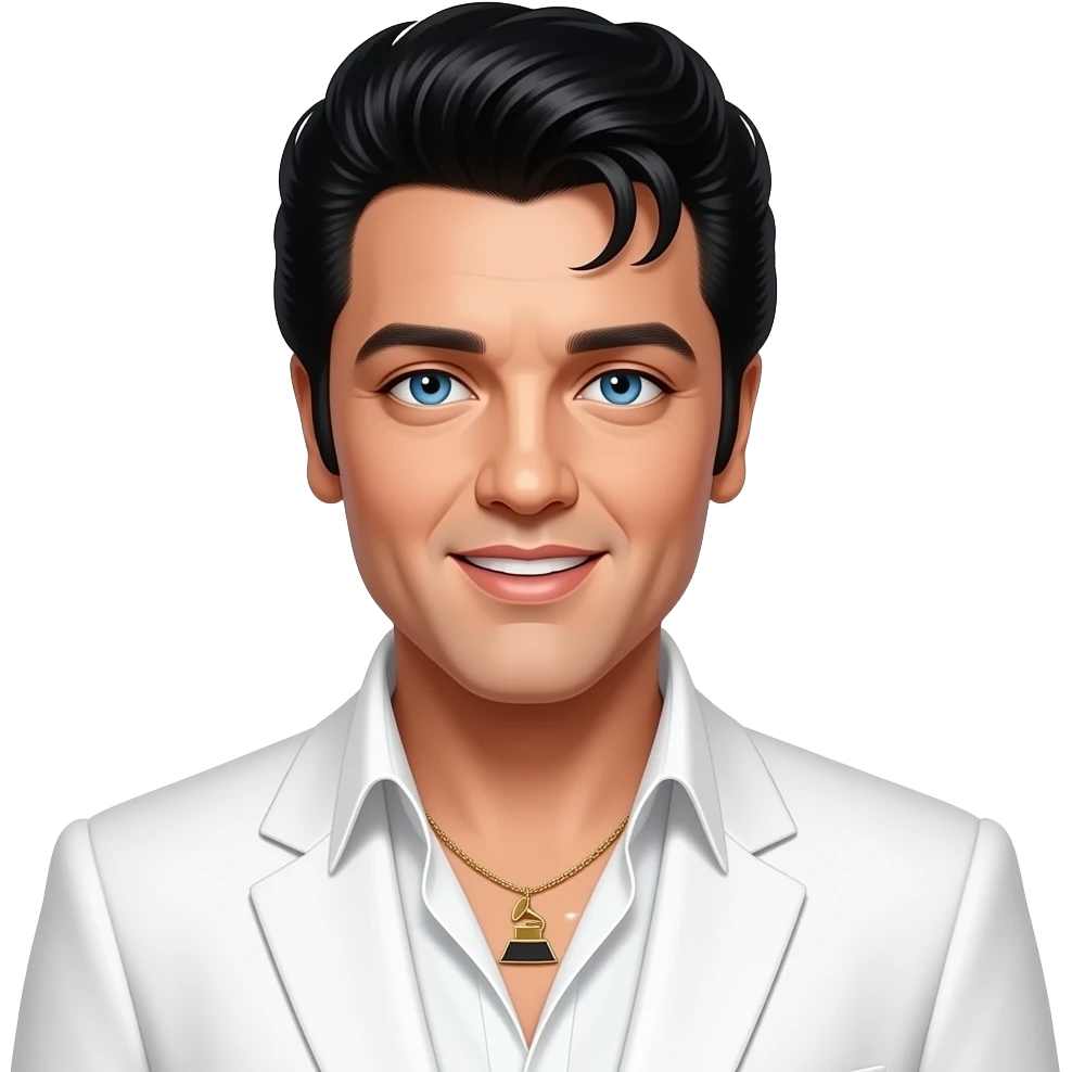 Elvis Presley with blue eyes, black hair, white grammy suit jacket, necklace emoji
