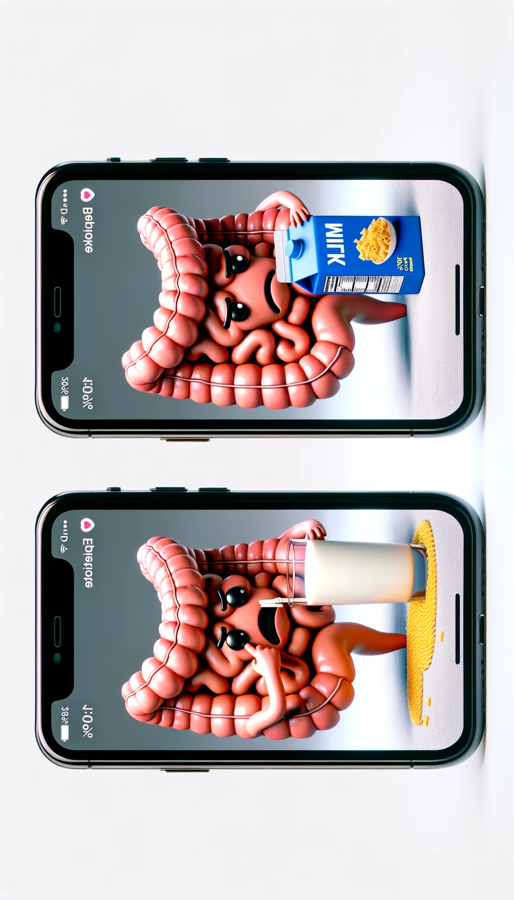 emoji stile iphone di un intestino che beve latte e ha un espressione di dolore e un intestino che guarda un pacco di pasta con la scritta "100% FODMAP" SULL'ETICHETTA CON ESPRESSIONE CONFUSA, iperrealistico 4k, isolato su sfondo bianco emoji