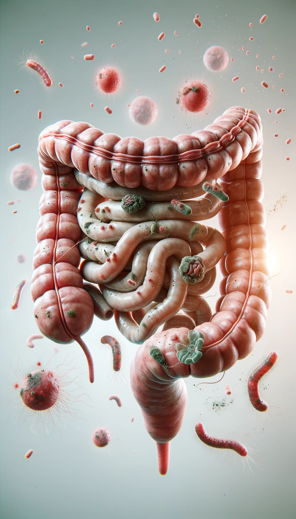 intestino umano realistico con batteri e parassiti che gli fluttuano intorno, sfondo chiaro, iperrealistico 4k emoji