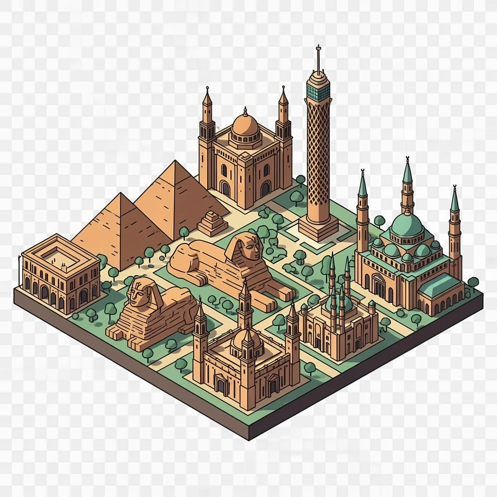 Isometric minimalistic illustration of Cairo, subtle 3D miniature effect and Tilt Shift effect, no cartoonish look, transparent background. emoji