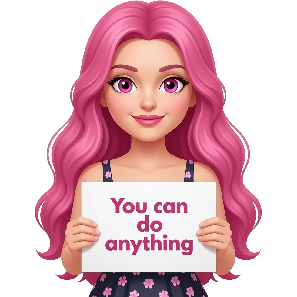 sexy girl with long pink hair and pink eyes wearing a dress holding a GIRL! You can do anything sign emoji
