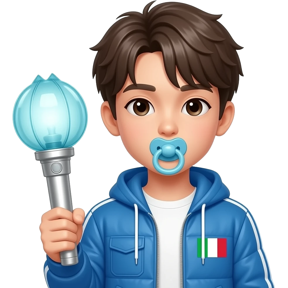 italian boy holding Binky Bong which is official light stick of k-pop idol group newjeans emoji