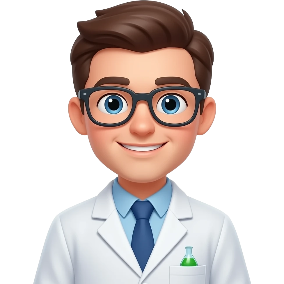 Design a 3D young scientist emoji like Apple Memoji: soft smiling, in a lab coat, with glasses. Simple lab setting. Use bright colors and soft edges. emoji