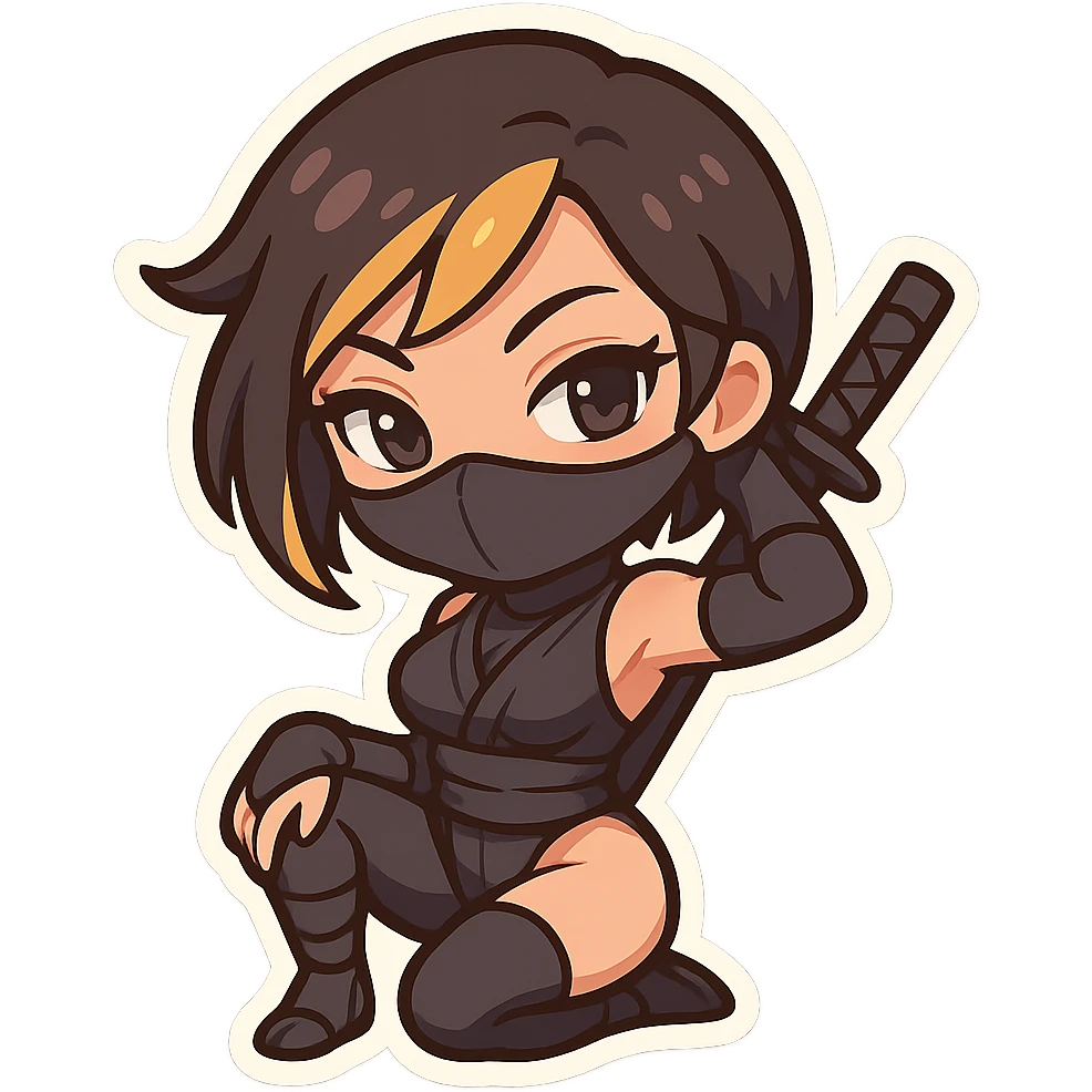 Transform the image into a sexy chibi ninja girl with short hair featuring one streak of blonde. Pose should be alluring and confident, wearing a sleek ninja outfit. Use bold outlines. The image should be sized for Twitch emoji use with a transparent background. emoji
