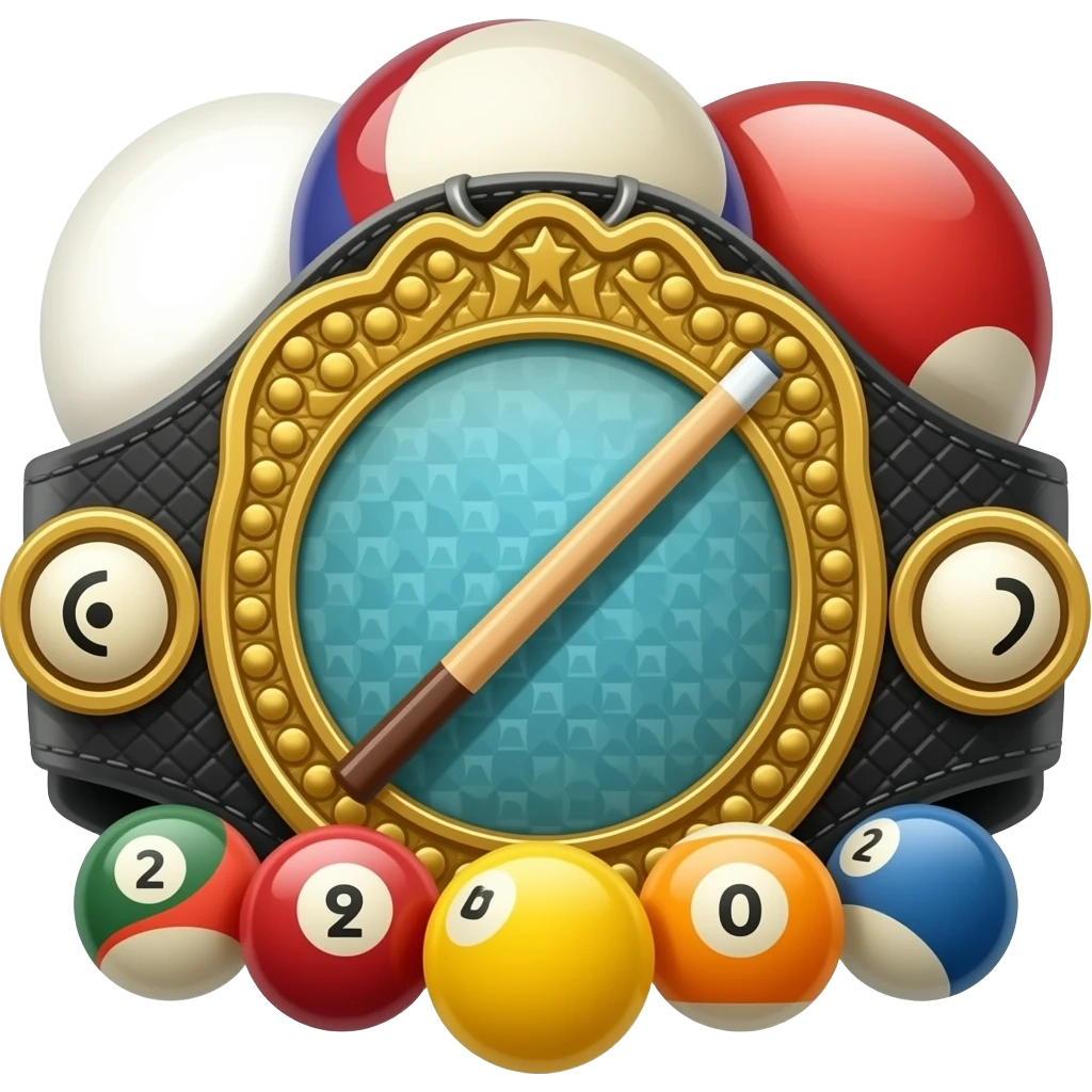 championship belt with pool cue picture on the belt and pool balls on the side emoji