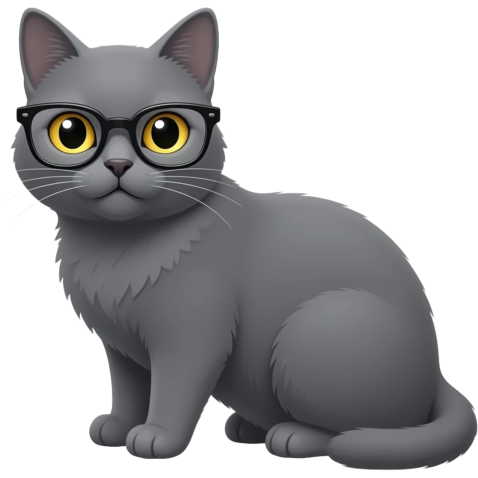 solid grey cat, yellow eyes, with reading glasses emoji