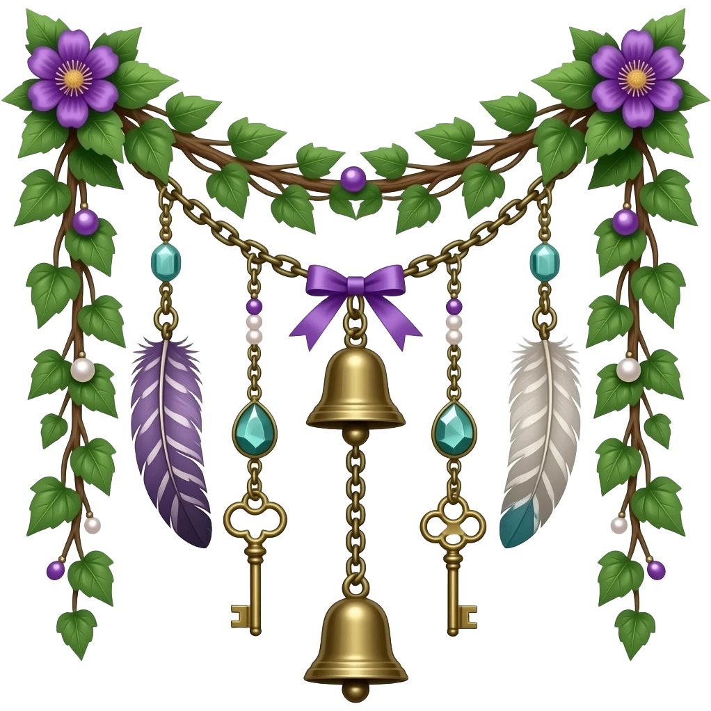 Cute beautiful realistic decorative aesthetic glorious beautiful pretty hunter-Forest-green and deep-dusty-violet chained wired hanging decoration With hangin bells, hanging keys, hanging trinkets, hanging feathers, hanging beads and pearls, ribbon, leaves, ivies, floral, fluorite crystals, etc. emoji