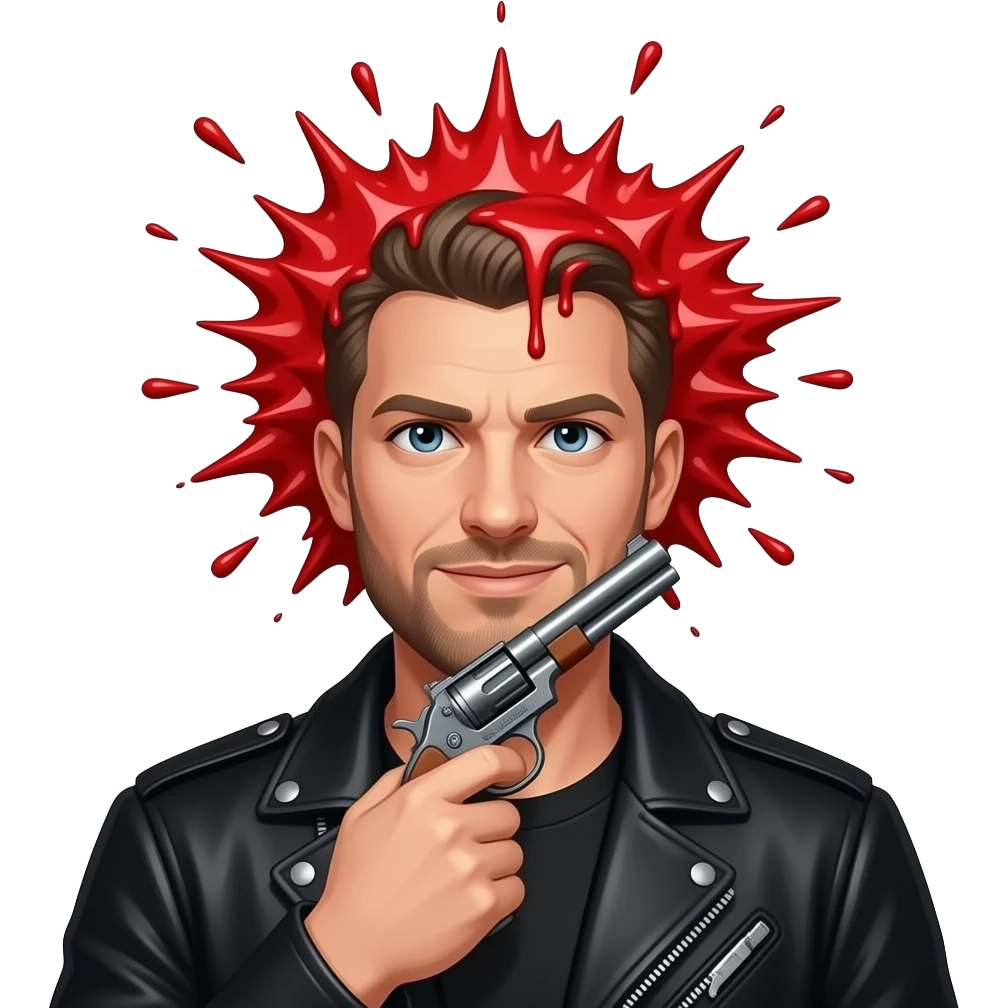A white guy with a black jacket, his head is completely gone and replaced with a red liquid explosion, with a shotgun pointed up under his chin emoji