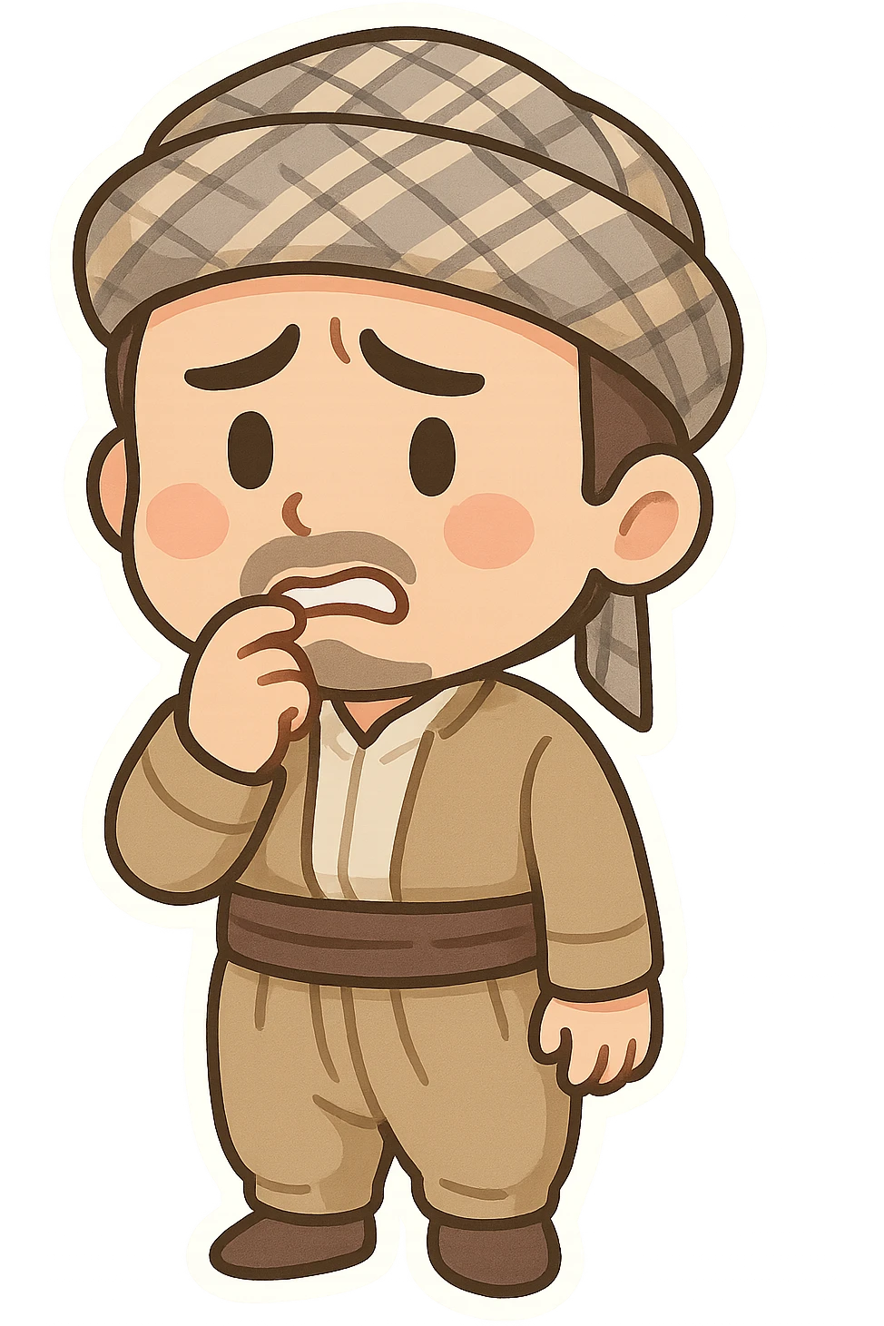 Kurdish man in traditional dress jamadani, worried mood, cartoon style, hand on chin or biting lip, anxious expression, no text emoji